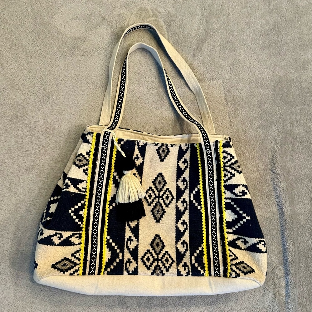 Bohemian Patterned Tote Bag - Black and Cream with yellow accent